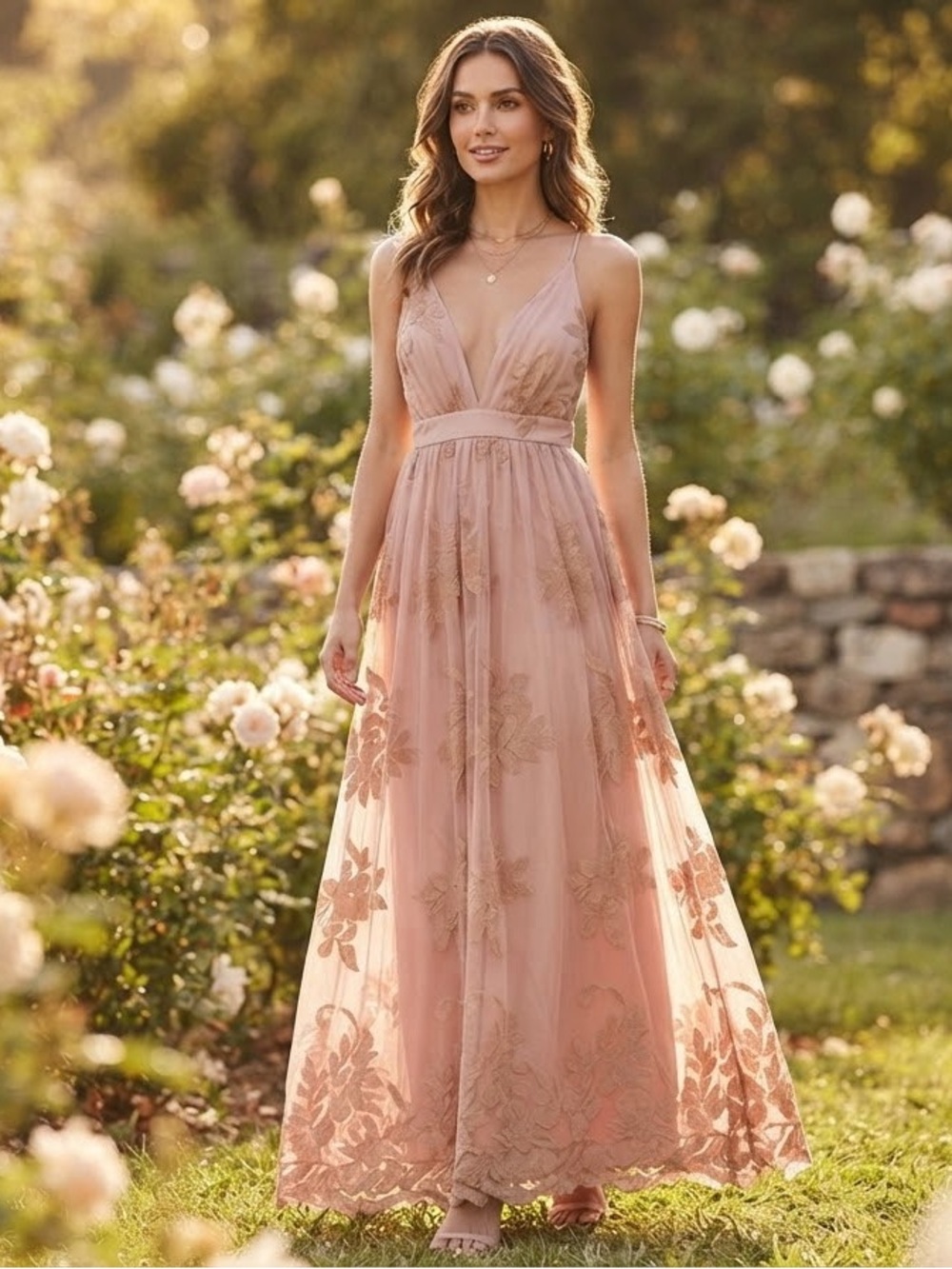 Luxxel Rose Blush Floral Lace Maxi Dress